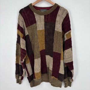 Vintage 90s Patchwork Textured 3D Knit Chenille Sweater Mens Large Earth Tone